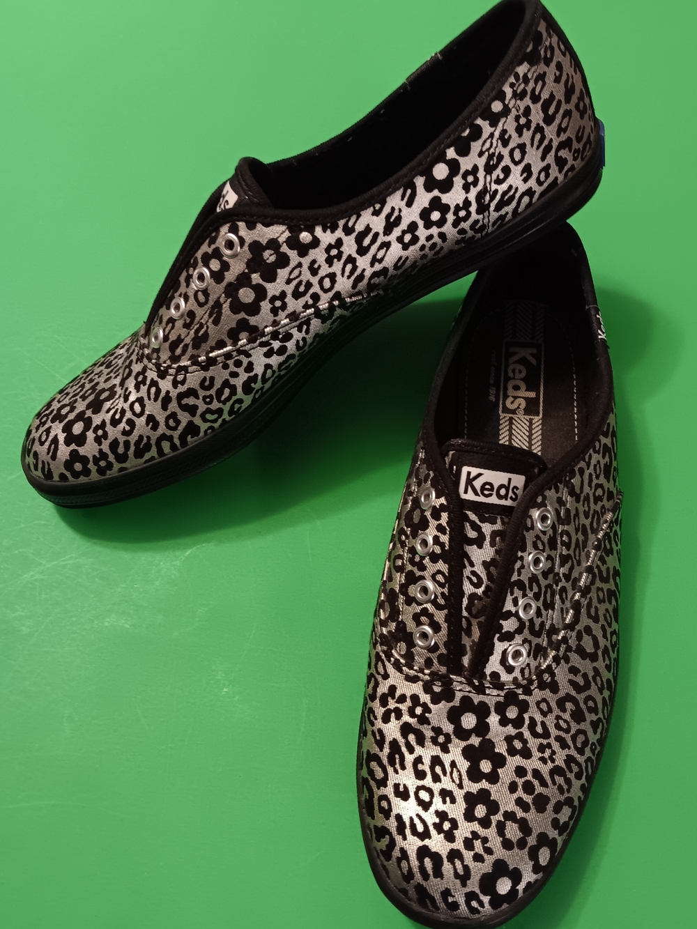 Keds Metallic Silver and Black Leopard Print Sneakers
